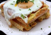 Latke waffles with salmon and grilled asparagus