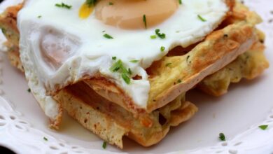 Latke waffles with salmon and grilled asparagus