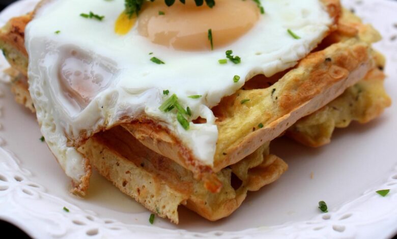 Latke waffles with salmon and grilled asparagus