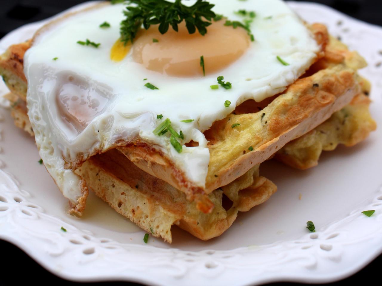 Latke waffles with salmon and grilled asparagus