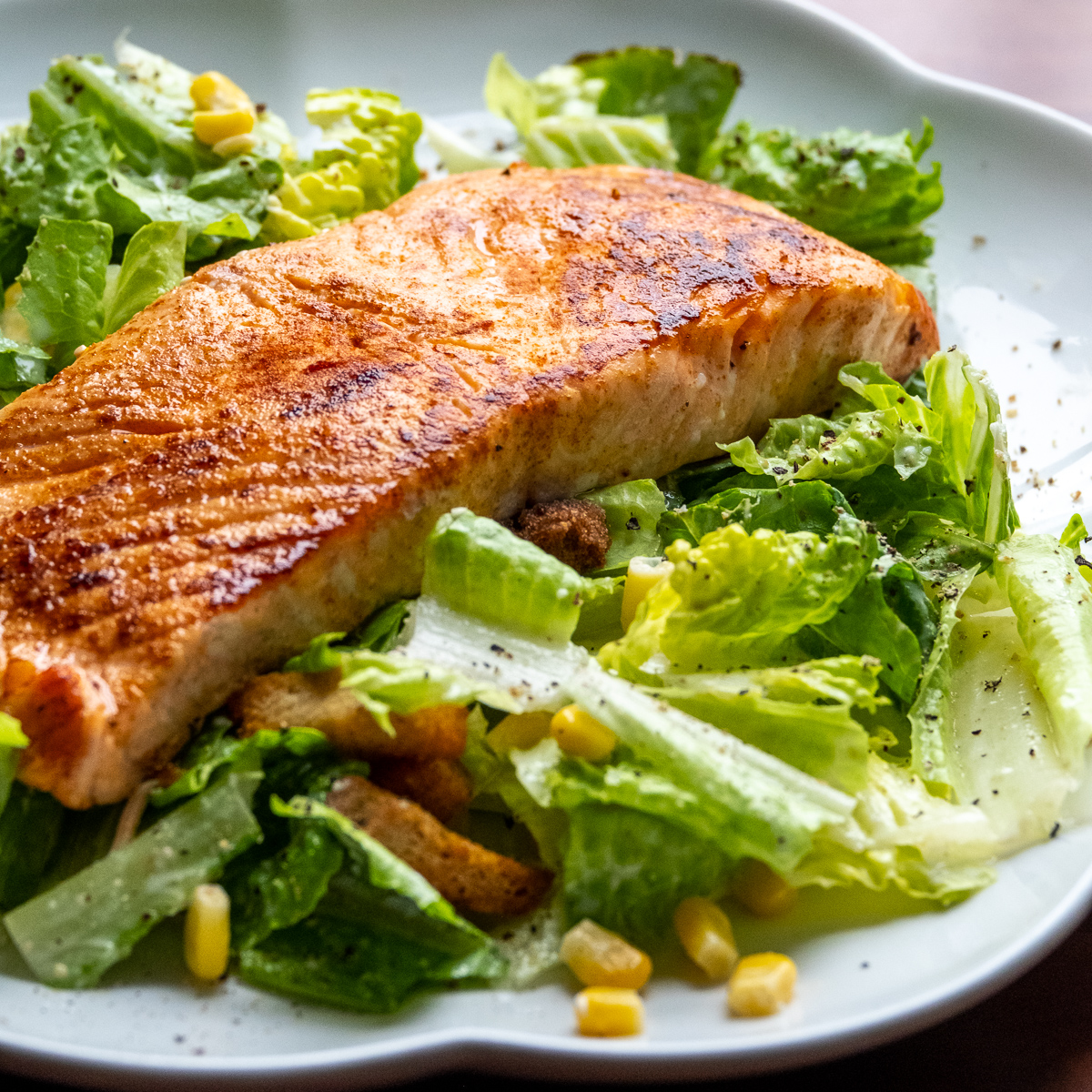 Two pea salad with simple seared salmon