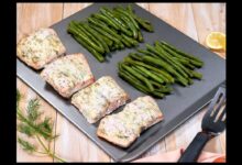 Sheet pan almond crusted salmon with green beans