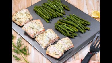 Sheet pan almond crusted salmon with green beans