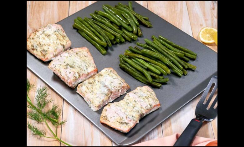 Sheet pan almond crusted salmon with green beans