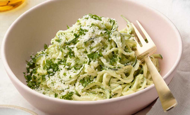 Chicken and avocado zucchini noodle bowl