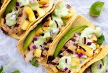 Grilled pineapple chicken tacos with avocado crema