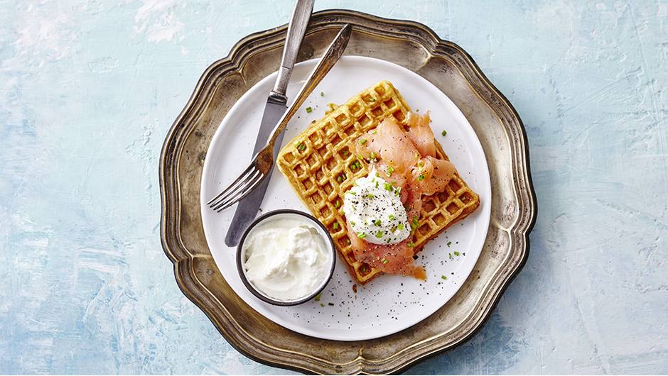 Latke waffles with salmon and grilled asparagus