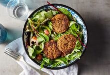 Baked falafel with shaved cucumber salad and tahini dressing