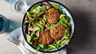 Baked falafel with shaved cucumber salad and tahini dressing