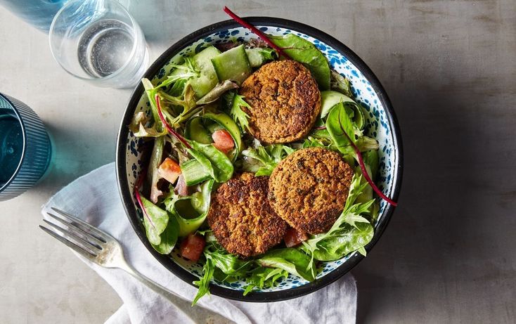 Baked falafel with shaved cucumber salad and tahini dressing