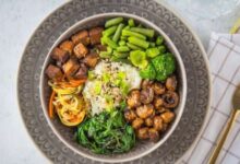 Mushrooms brussels sprouts tofu grain bowls