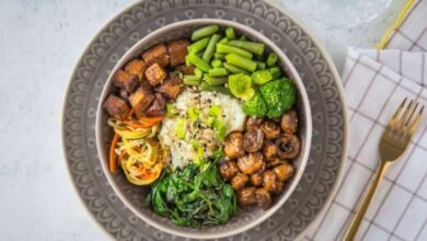 Mushrooms brussels sprouts tofu grain bowls