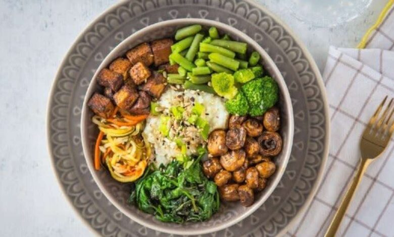 Mushrooms brussels sprouts tofu grain bowls