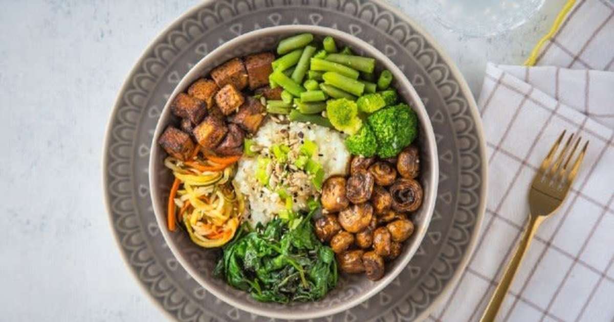 Mushrooms brussels sprouts tofu grain bowls