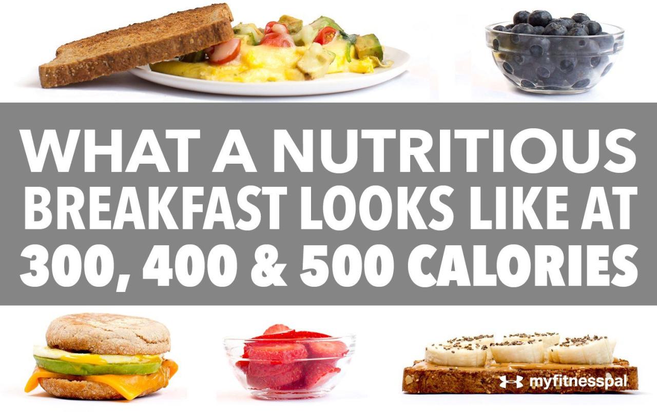 Nutritious breakfast looks like 300 400 500 calories infographic