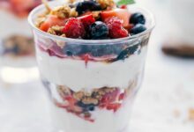 Roasted strawberry and granola breakfast parfaits