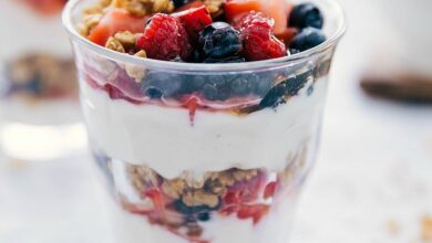 Roasted strawberry and granola breakfast parfaits