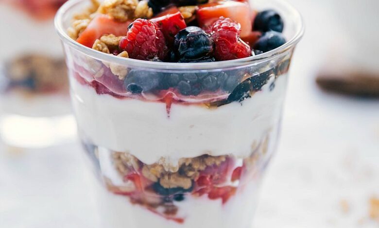 Roasted strawberry and granola breakfast parfaits