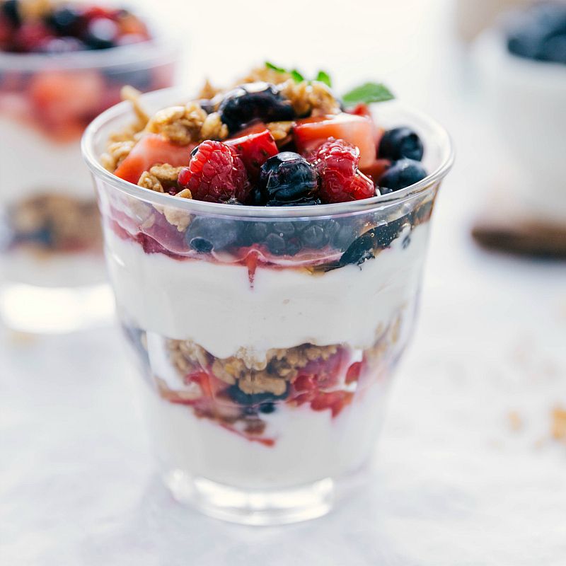 Roasted strawberry and granola breakfast parfaits