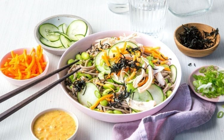 Cold chicken soba noodle bowls with ginger carrot dressing