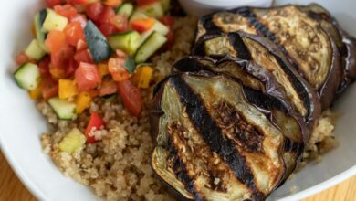 Roasted eggplant and lentil bowl with garlic yogurt sauce