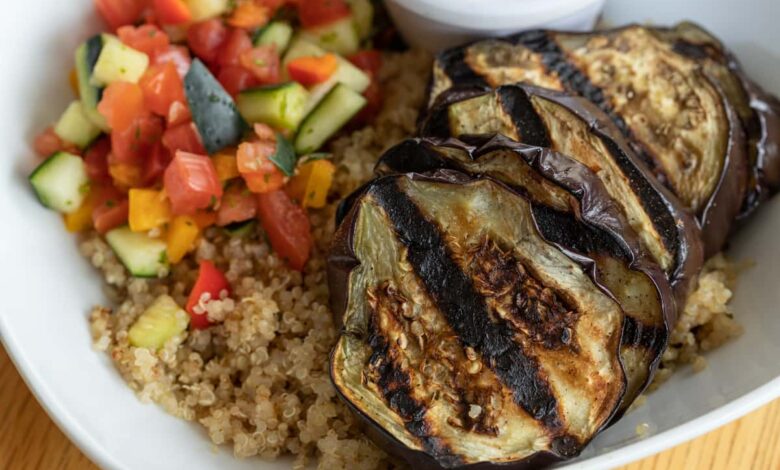 Roasted eggplant and lentil bowl with garlic yogurt sauce