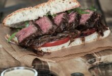 Open faced steak sandwich