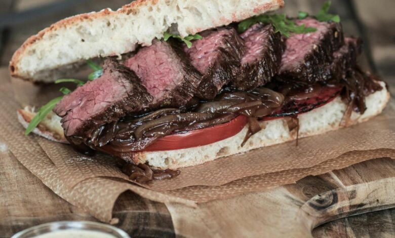 Open faced steak sandwich