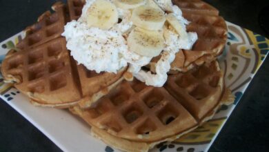 Banana flour waffles with poached pears