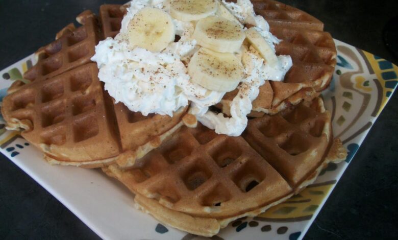 Banana flour waffles with poached pears