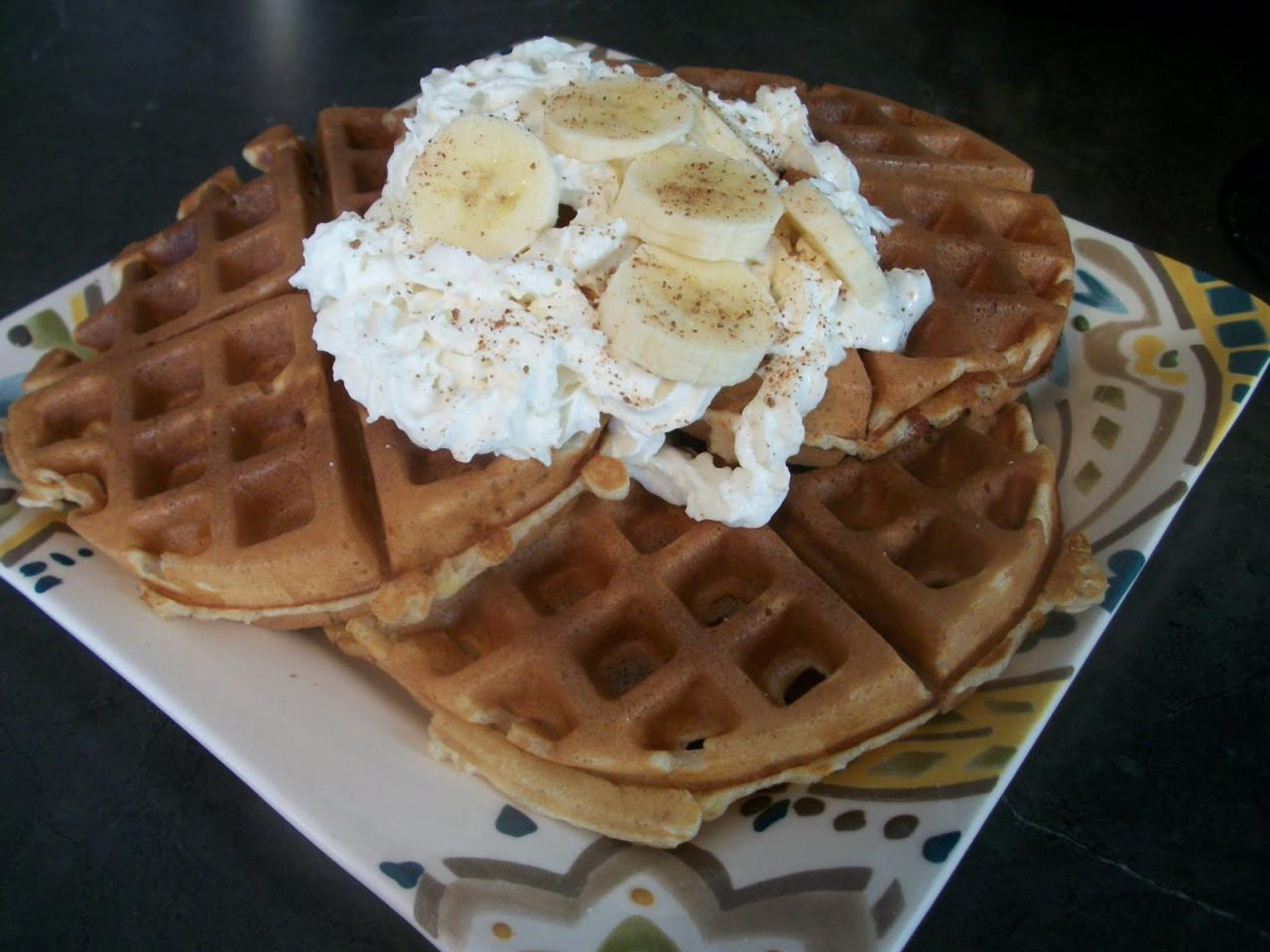 Banana flour waffles with poached pears