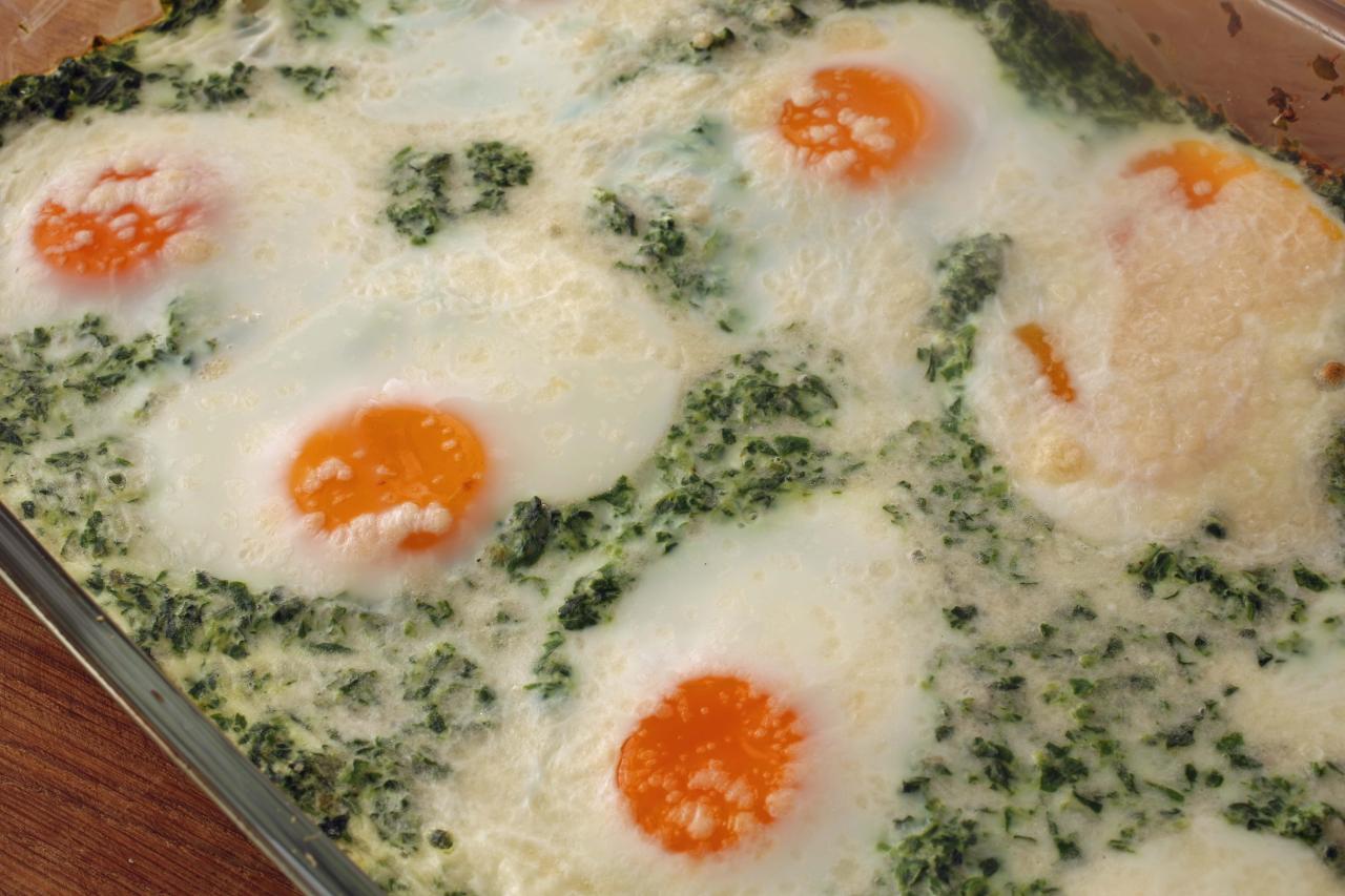 Baked eggs with wilted baby spinach