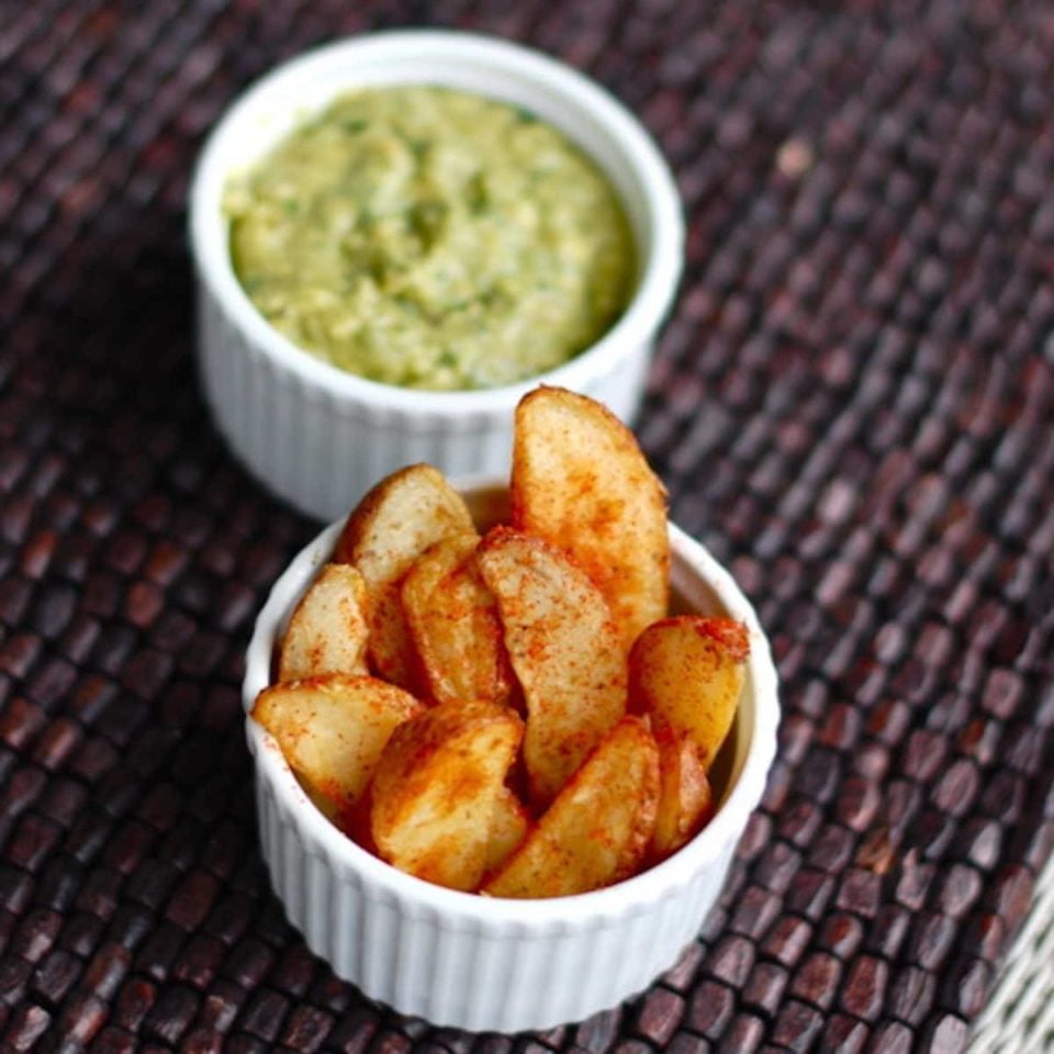 Tomatillo avocado dip with cornmeal crackers