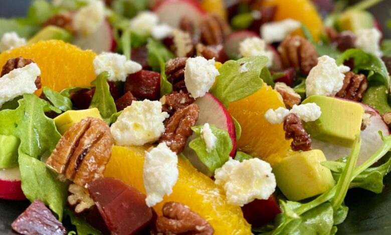 Roasted beet kale salad with candied walnuts