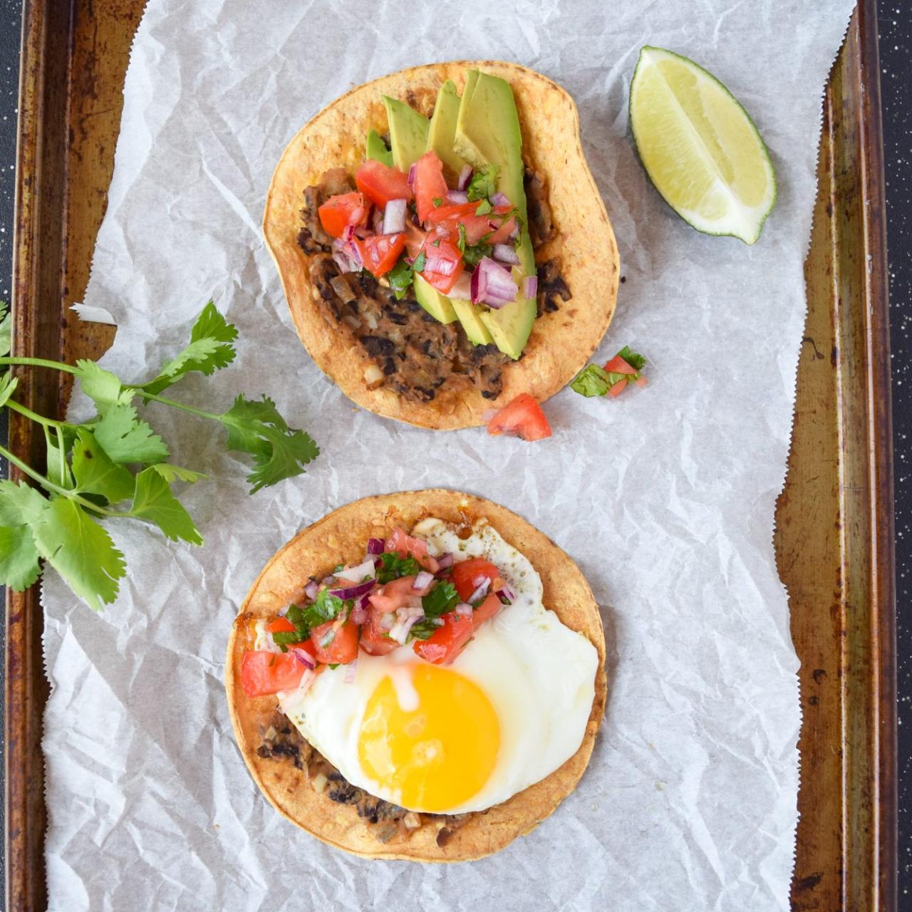 Black bean and avocado breakfast tostadas