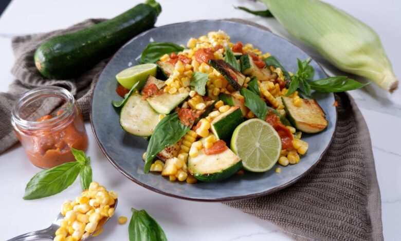 Grilled corn and zucchini salad with chickpeas