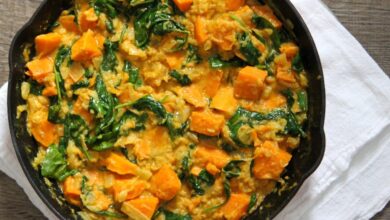 Lentil sweet potato spinach stew