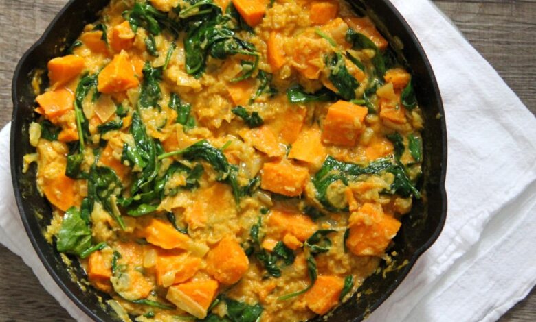 Lentil sweet potato spinach stew