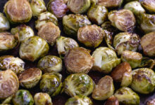 Maple glazed brussels sprouts with ham corn