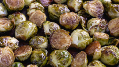 Maple glazed brussels sprouts with ham corn