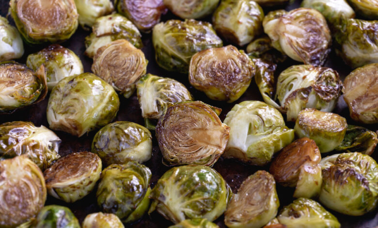 Maple glazed brussels sprouts with ham corn