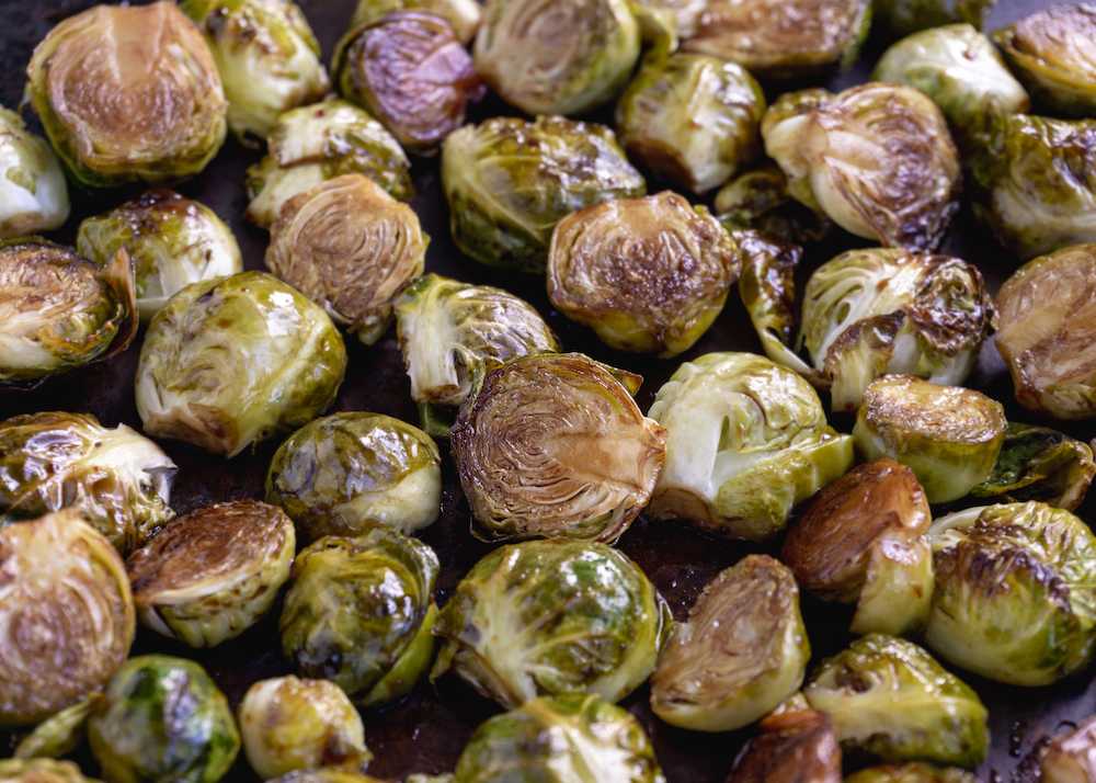 Maple glazed brussels sprouts with ham corn