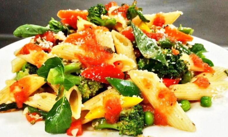 Penne with spring vegetables