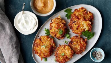 Potato carrot latkes with cumin yogurt