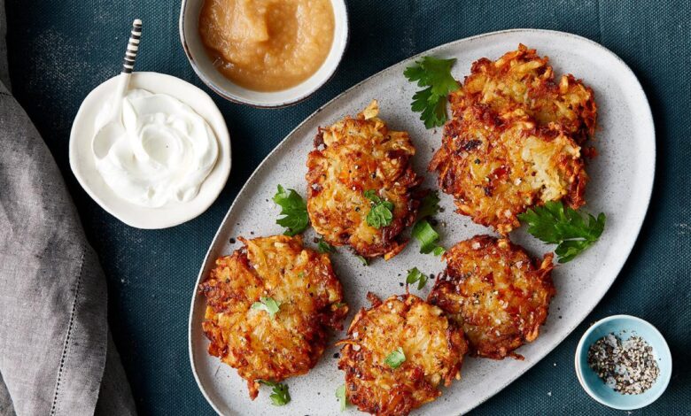 Potato carrot latkes with cumin yogurt