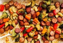 Sheet pan sausage choucroute garnie