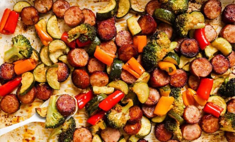 Sheet pan sausage choucroute garnie