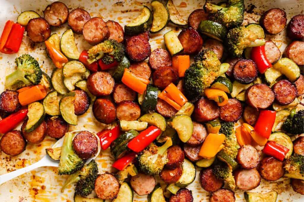 Sheet pan sausage choucroute garnie