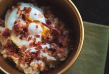 Savory oatmeal bowl with poached egg