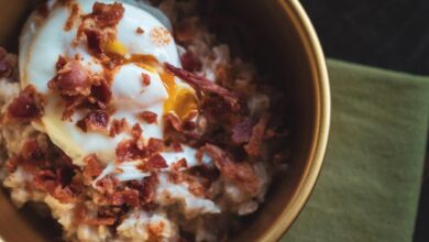 Savory oatmeal bowl with poached egg